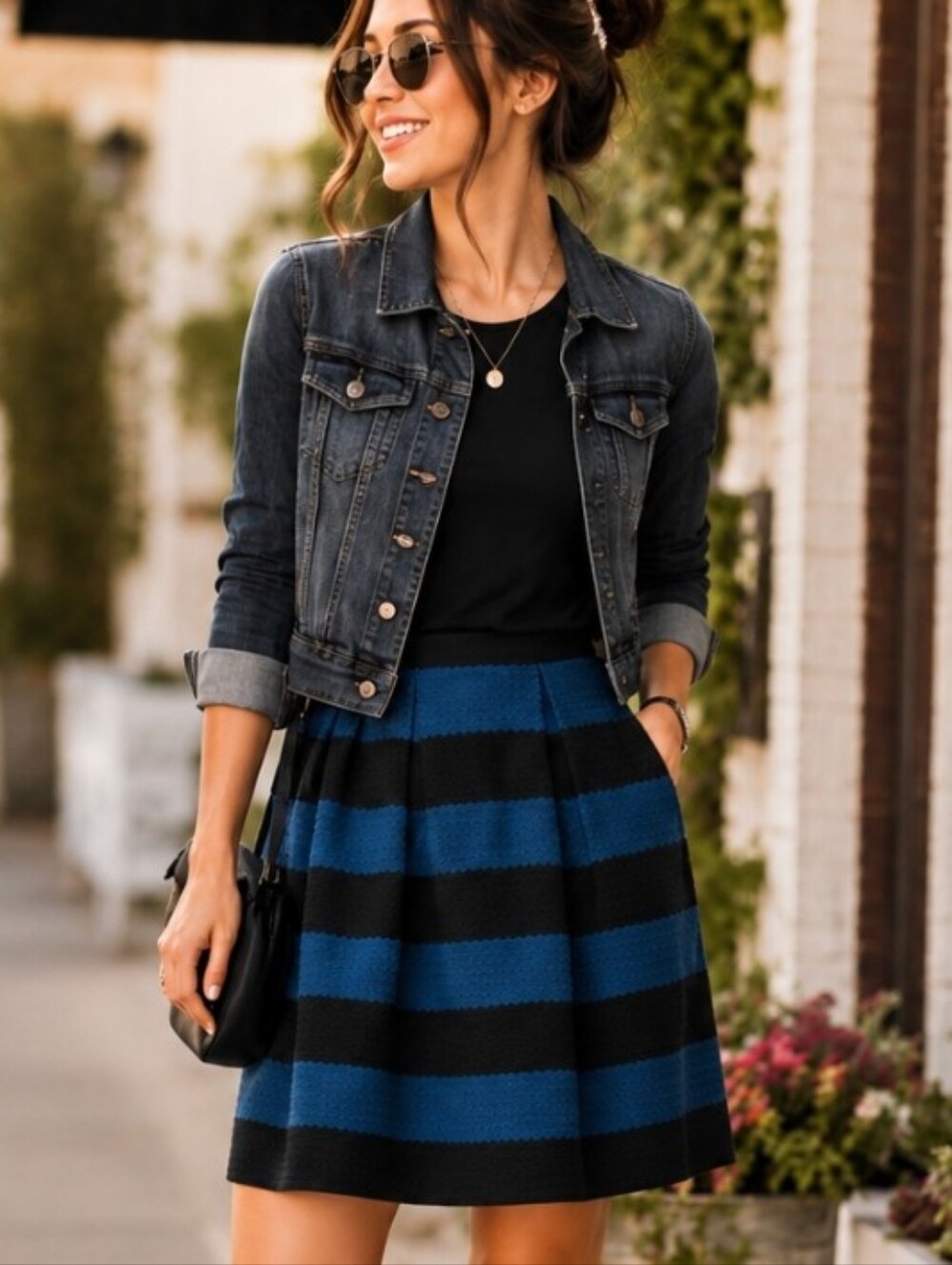 Anthropologie Girls From Savoy Blue Black‎ Stripe Textured Skirt XS Preppy